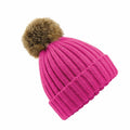 Beechfield's BC412 is a vibrant pink, ribbed knit beanie featuring a large, fluffy brown pom-pom on top.