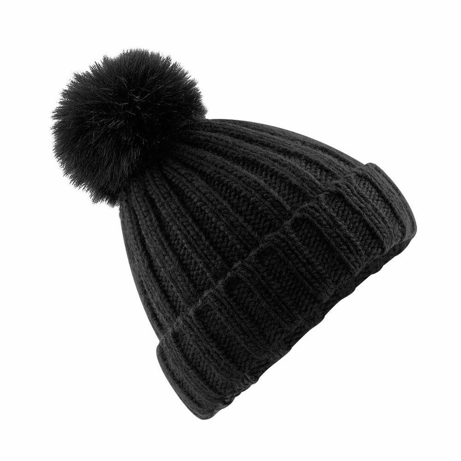 The Beechfield BC413 is a knitted beanie in black featuring a large pom-pom on top.