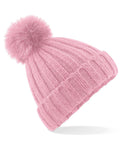 Beechfield BC413 beanie in pink, featuring a fluffy pom-pom on top.