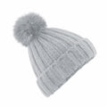 A BC413 Beechfield beanie in light gray, featuring a large pom-pom on top.