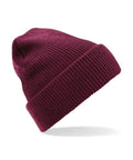 The Beechfield BC425, a maroon knitted beanie featuring a folded brim, is showcased against a plain white background.