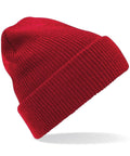 A red knit Beechfield beanie with a folded brim, product code BC425.