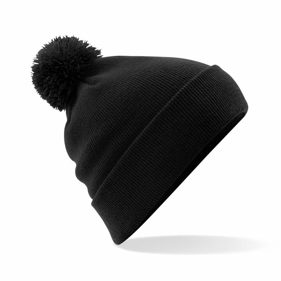 Beechfield's BC426, a black knit beanie featuring a pom-pom on top, is displayed against a white background.