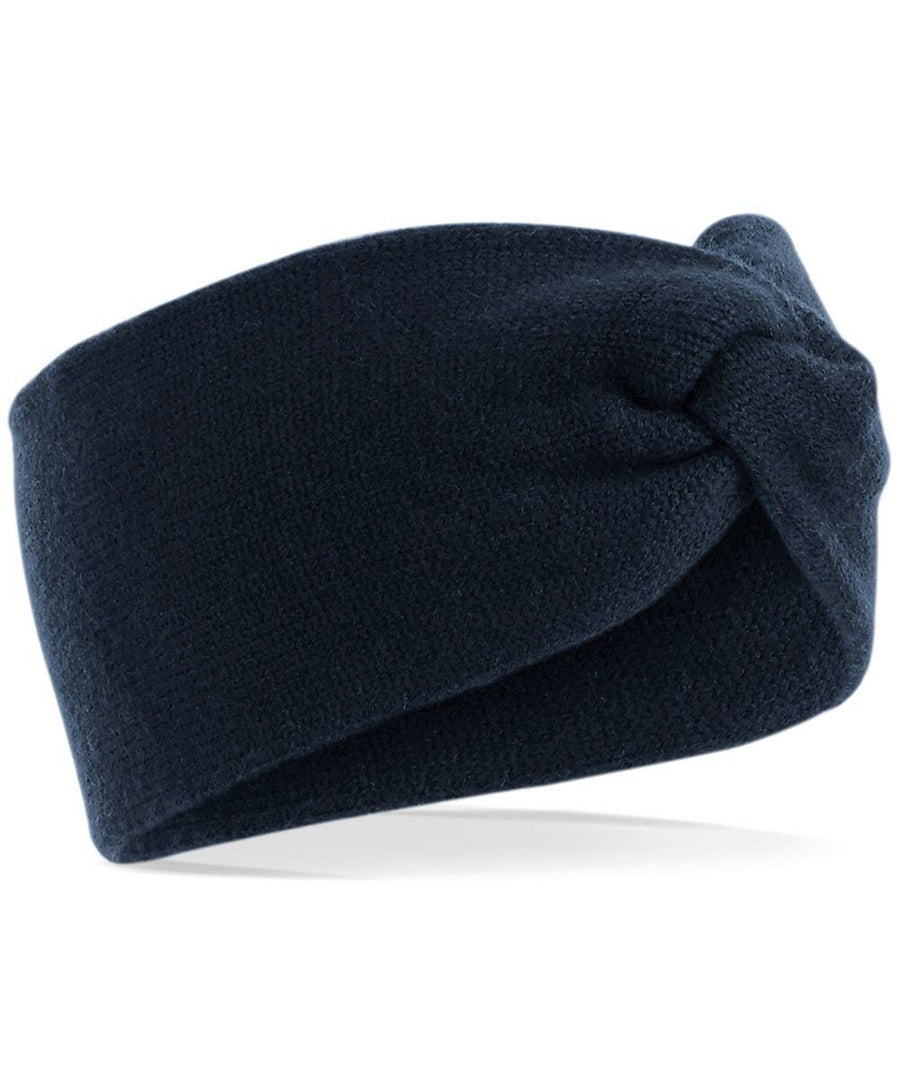 A Beechfield BC432 dark blue knit headband featuring a twisted knot design.