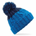 The Beechfield BC437 is a blue and navy knitted beanie featuring a large pom-pom on top.