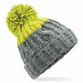 Beechfield's BC437 is a knitted beanie with a gray body adorned with textured patterns, complemented by a green pom-pom and top section.