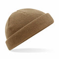 A Beechfield BC43R brown knit beanie featuring a folded brim.