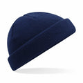 A Beechfield BC43R navy blue knit beanie featuring a folded brim, displayed on a white background.