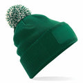 Beechfield BC443 green knit beanie featuring a white pompom, displayed against a white background.