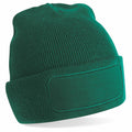 A Beechfield BC445 green knit beanie featuring a blank rectangular patch on the front.