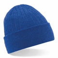 A Beechfield BC447 blue knitted beanie with a folded brim, displayed against a white background.