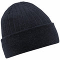 A Beechfield BC447 dark ribbed knit beanie with a folded cuff, displayed on a white background.