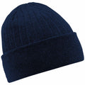 A Beechfield BC447 navy blue beanie with a folded cuff and ribbed texture.