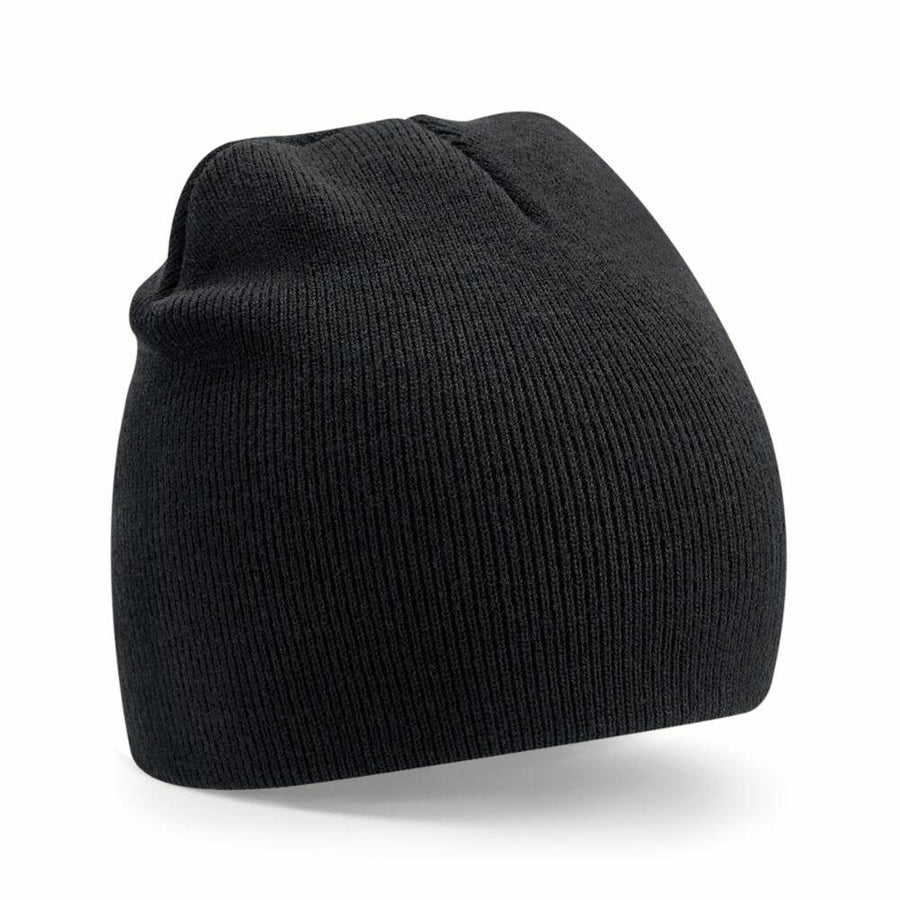 A Beechfield BC44R ribbed-knit beanie in black with a slightly slouched top on a white background.