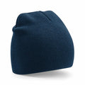 A close-up of the Beechfield BC44R beanie in dark blue against a white background, featuring a simple ribbed texture.