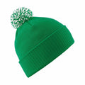 The BC450 by Beechfield is a bright green knit beanie featuring a white and green pom-pom on top. It has a folded brim, which provides a snug and cozy appearance.
