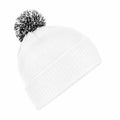Product BC450 by Beechfield is a white knit beanie featuring a ribbed fold-over brim and a black and white pom-pom perched on top. The hat is displayed slightly angled to the right against a plain white background.