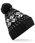 A Beechfield BC456 black knit beanie featuring white snowflake patterns and a pom-pom on top.