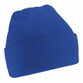 A plain blue knit beanie with a folded brim by Beechfield, known as BC45B.