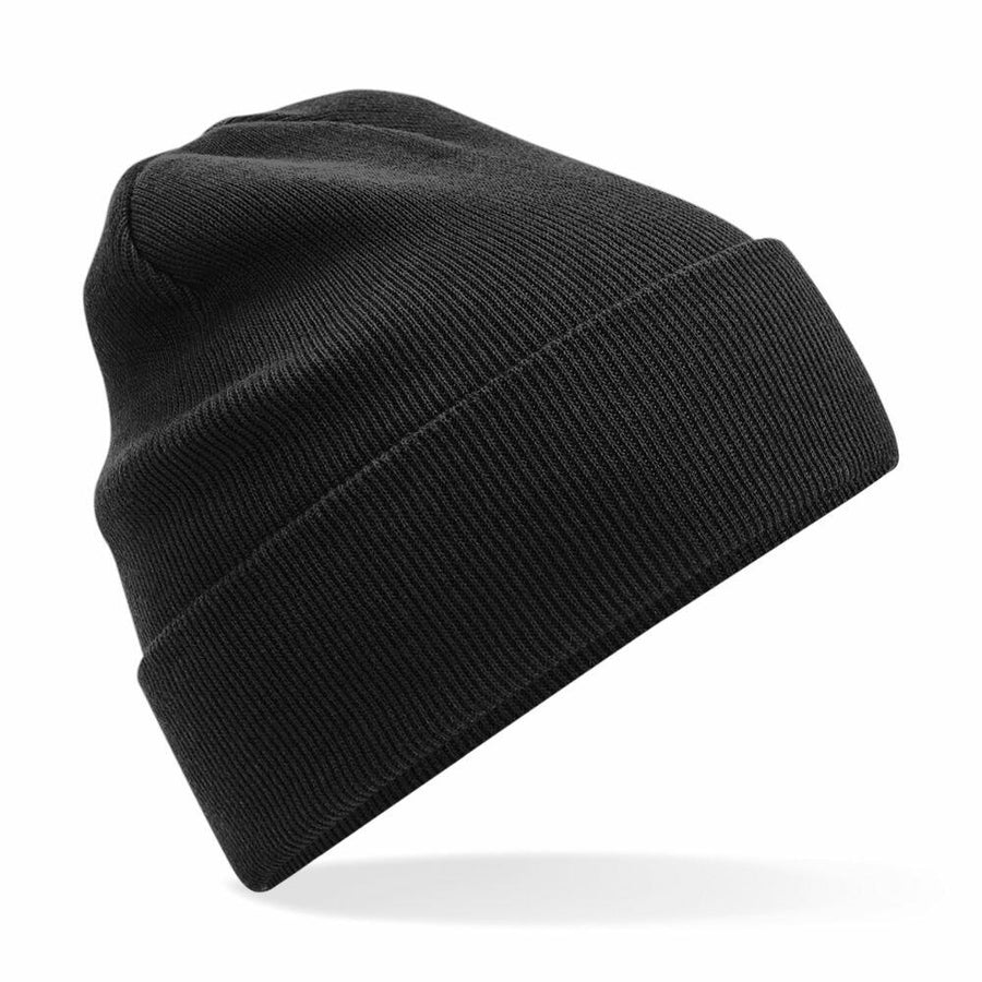 The BC45N, a plain black knit beanie hat with a folded brim from Beechfield, is displayed against a white background.