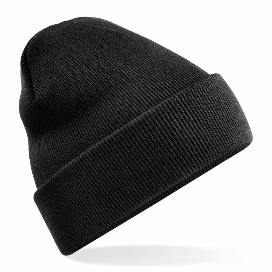 A Beechfield BC45R black knit beanie hat with a folded cuff, showcased against a white background.