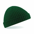 A Beechfield BC460 knit beanie in green, featuring a folded brim, set against a white background.
