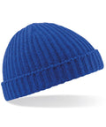 Beechfield BC460 blue knit beanie featuring a ribbed texture and folded cuff.