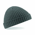 The Beechfield BC460 is a ribbed knit beanie in dark gray, featuring a folded cuff.