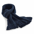 Beechfield's BC470, a dark blue knitted scarf with fringed edges, neatly folded.
