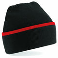 A Beechfield BC471 black knit beanie featuring a red stripe around the middle.