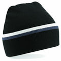 A Beechfield BC471 knit beanie in black, featuring a white and gray horizontal stripe across the middle.