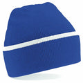 Beechfield's BC471, a knitted beanie hat in blue featuring a white horizontal stripe around the middle.