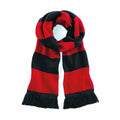 A Beechfield BC479 scarf in red and black stripes, featuring black tassels on the ends.