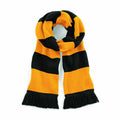 Beechfield's BC479 scarf features yellow and black stripes with black fringes on both ends.