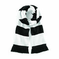 The Beechfield BC479 scarf, featuring black and white stripes with fringed ends, is neatly folded on a white background.