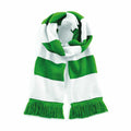 A neatly looped BC479 scarf by Beechfield, featuring green and white stripes with fringe at the ends.