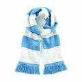 Beechfield BC479 scarf in blue and white stripes, featuring fringed ends, neatly folded.
