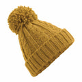 The Beechfield BC480 is a mustard yellow beanie with a prominent pom-pom, showcasing a cable knit design and a ribbed fold-over brim.