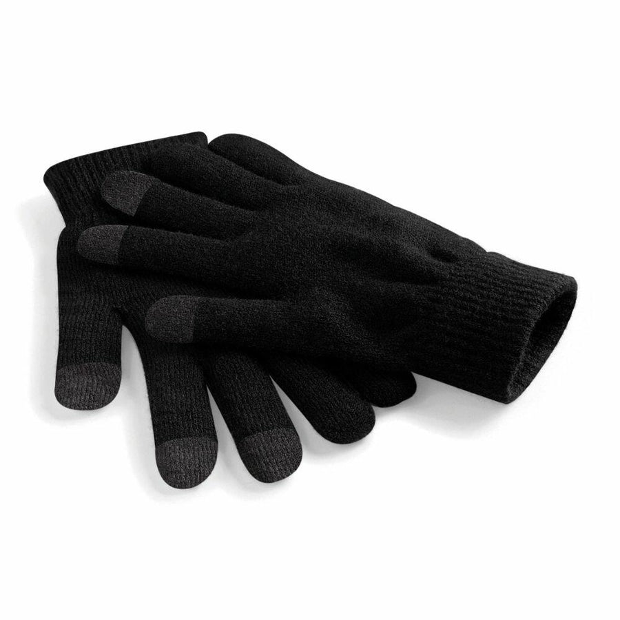 Beechfield's BC490 black knit gloves, designed with touchscreen-compatible fingertips, are displayed against a white background.