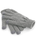 A pair of Beechfield BC490 gray knit gloves featuring ribbed cuffs and touchscreen-compatible fingertips.