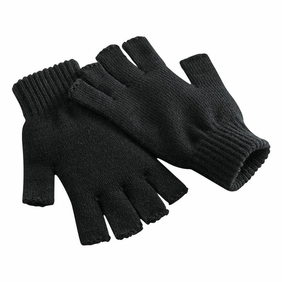 The Beechfield BC491 is a pair of black knitted fingerless gloves featuring ribbed cuffs.