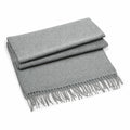 A neatly folded light gray woven scarf with fringed edges from Beechfield's BC500 collection, displayed on a white background.