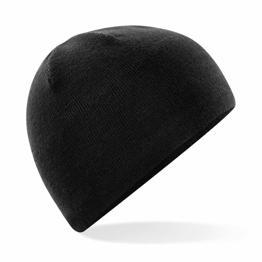 A Beechfield BC501 beanie cap in black is displayed against a white background.