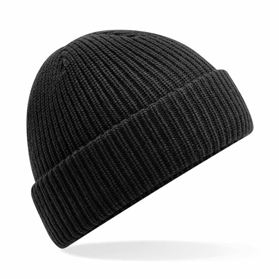 The Beechfield BC505 is a black ribbed knit beanie featuring a folded cuff, showcased against a white background.