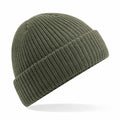 Beechfield BC505 olive green knit beanie with a folded brim displayed against a plain white background.