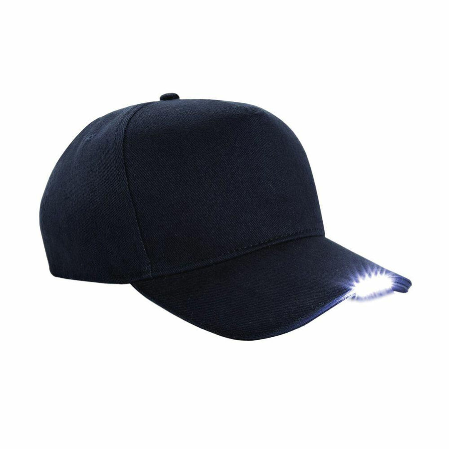 A black Beechfield BC515 baseball cap featuring built-in LED lights on the brim.