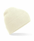 The BC51N by Beechfield is a light-colored beanie hat showcased on a plain white background. This ribbed knit design features a soft texture, minimalist style, and includes a folded edge.