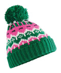 The Beanies feature a green ribbed brim, a pink and white patterned knitted body, and are topped with a large green bobble.