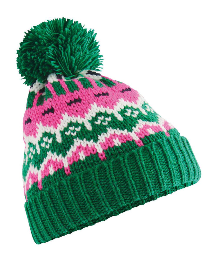 The Beanies feature a green ribbed brim, a pink and white patterned knitted body, and are topped with a large green bobble.