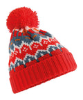 The Beanies hat features a red, white, and blue geometric pattern, a thick red folded brim, and is topped with a red pom-pom. Displayed on a plain white background.